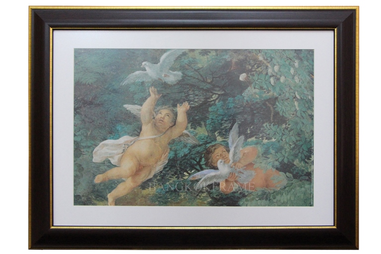 กรอบรูปไม้พลาสติกสีน้ำตาลขอบทอง-ภาพพิมพ์จากต่างประเทศ